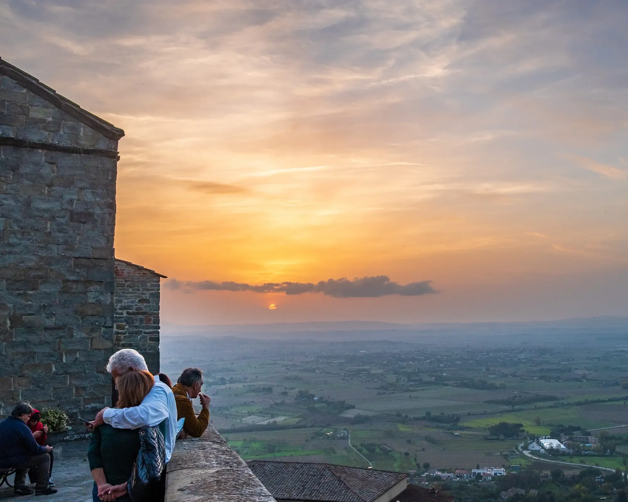 Sunset at Piazza del Duomo in Cortona on October 22, 2022.