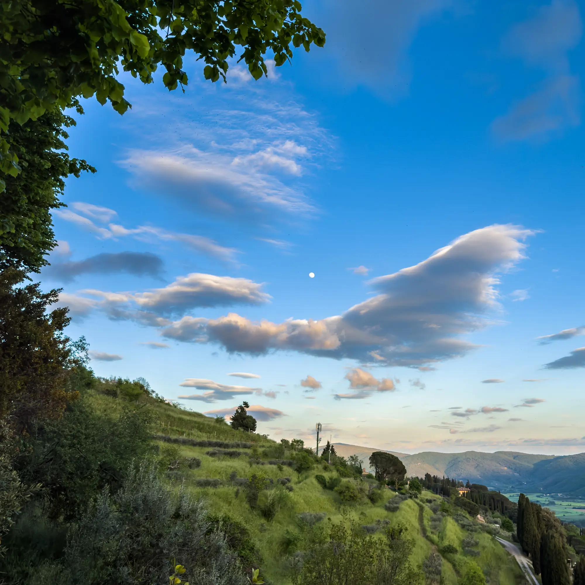 Sunrise and moonset as seen from the UGA campus in Cortona Toscana on May 3, 2023.