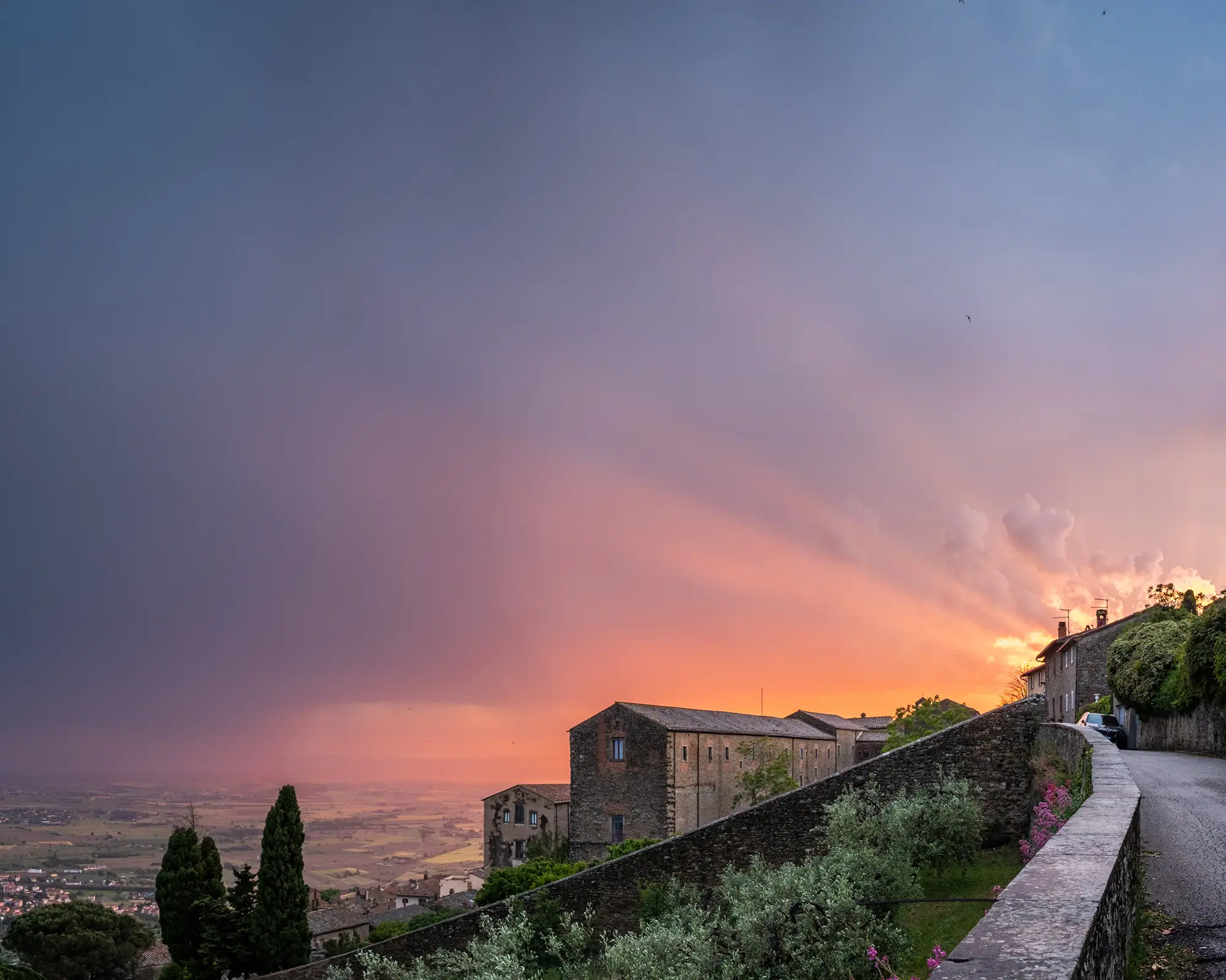 A sunset of brilliant colors in Cortona Toscana on May 23, 2023.