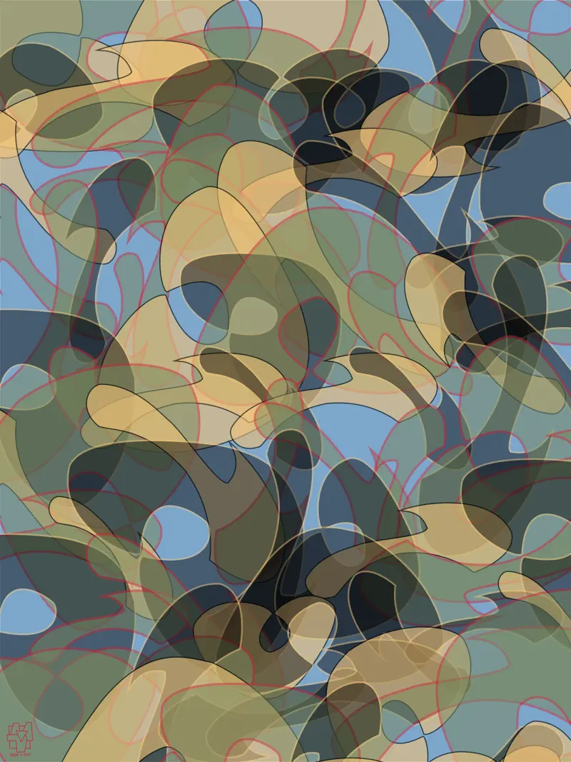 A computer-generated digital composition made of multi-colored irregular shapes.