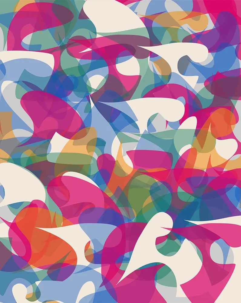 A computer-generated digital composition made of multi-colored irregular shapes.