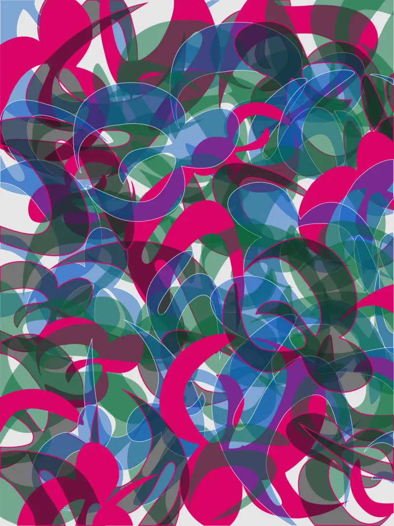 A computer-generated digital composition made of multi-colored irregular shapes.