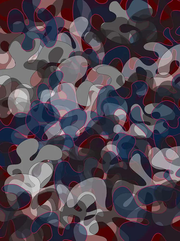 A computer-generated digital composition made of multi-colored irregular shapes.