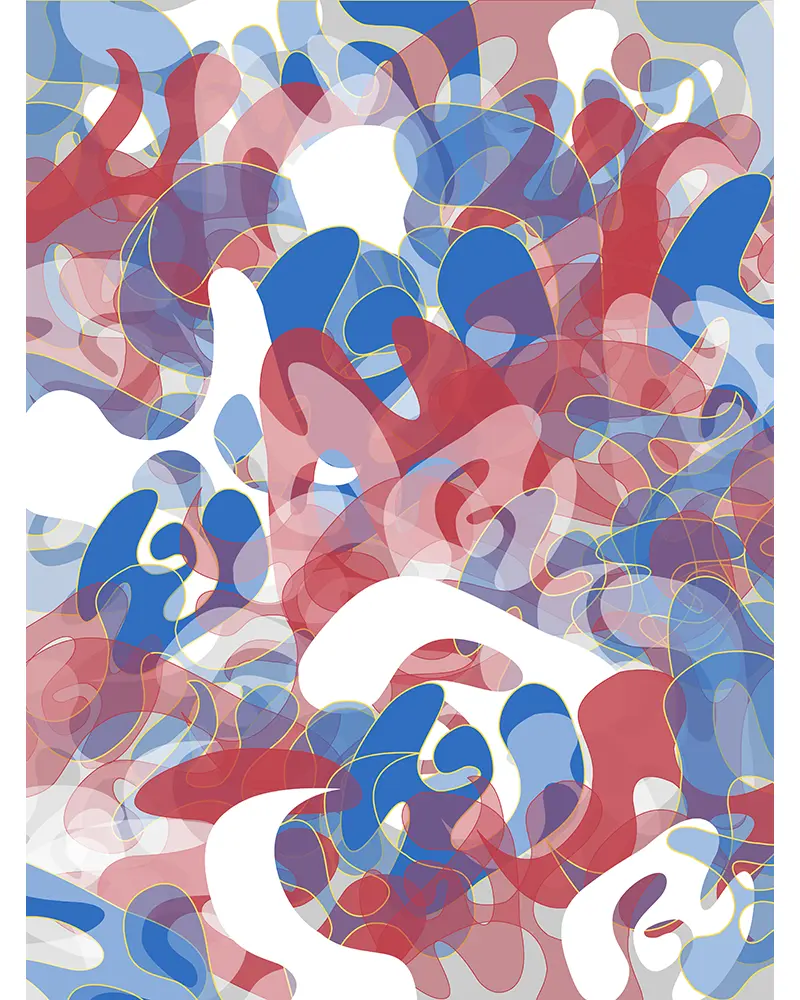 A computer-generated digital composition made of multi-colored irregular shapes.