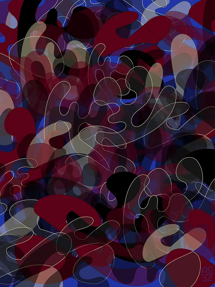 A computer-generated digital composition made of multi-colored irregular shapes.