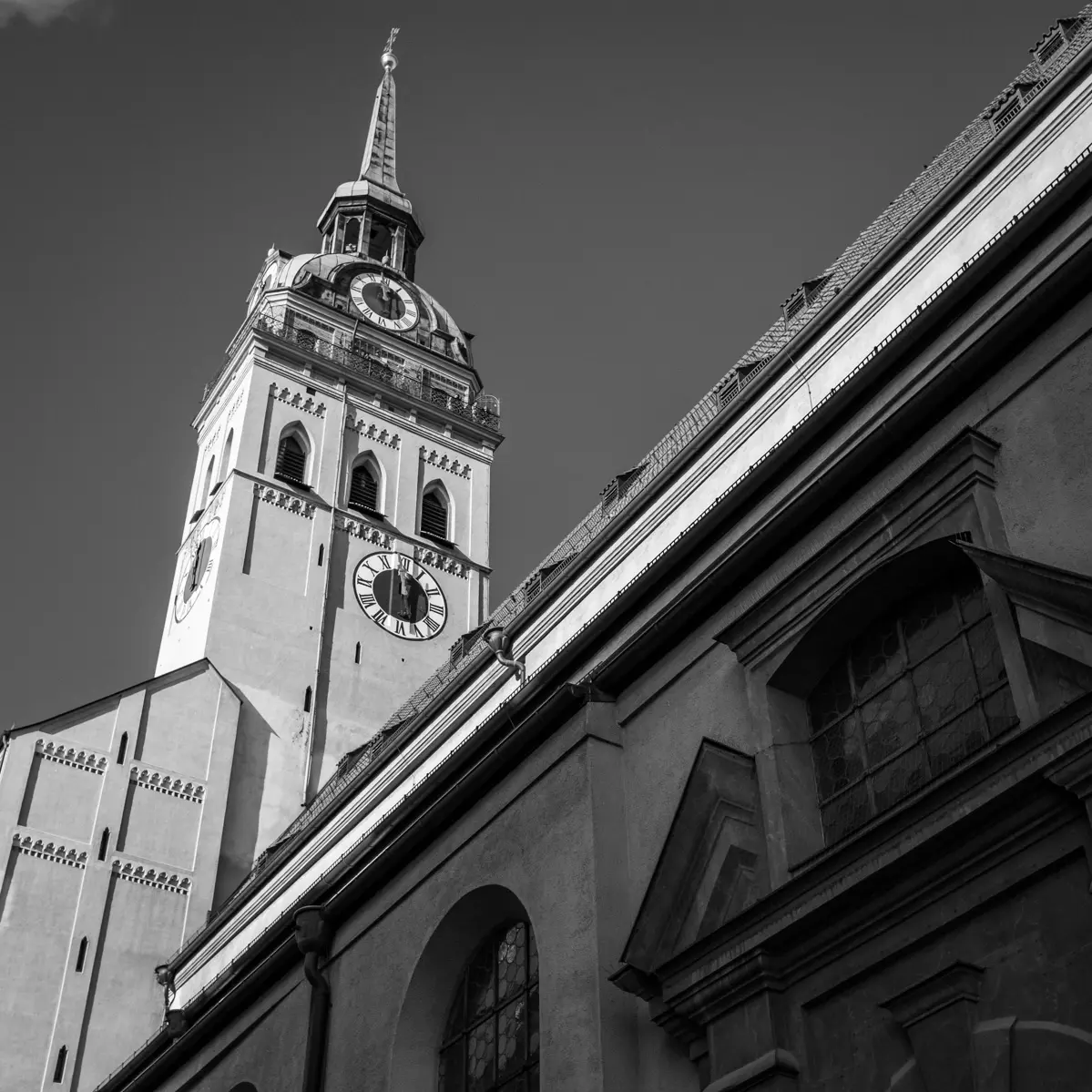 A monochromatic photograph of church architecture in Munich, Germany.