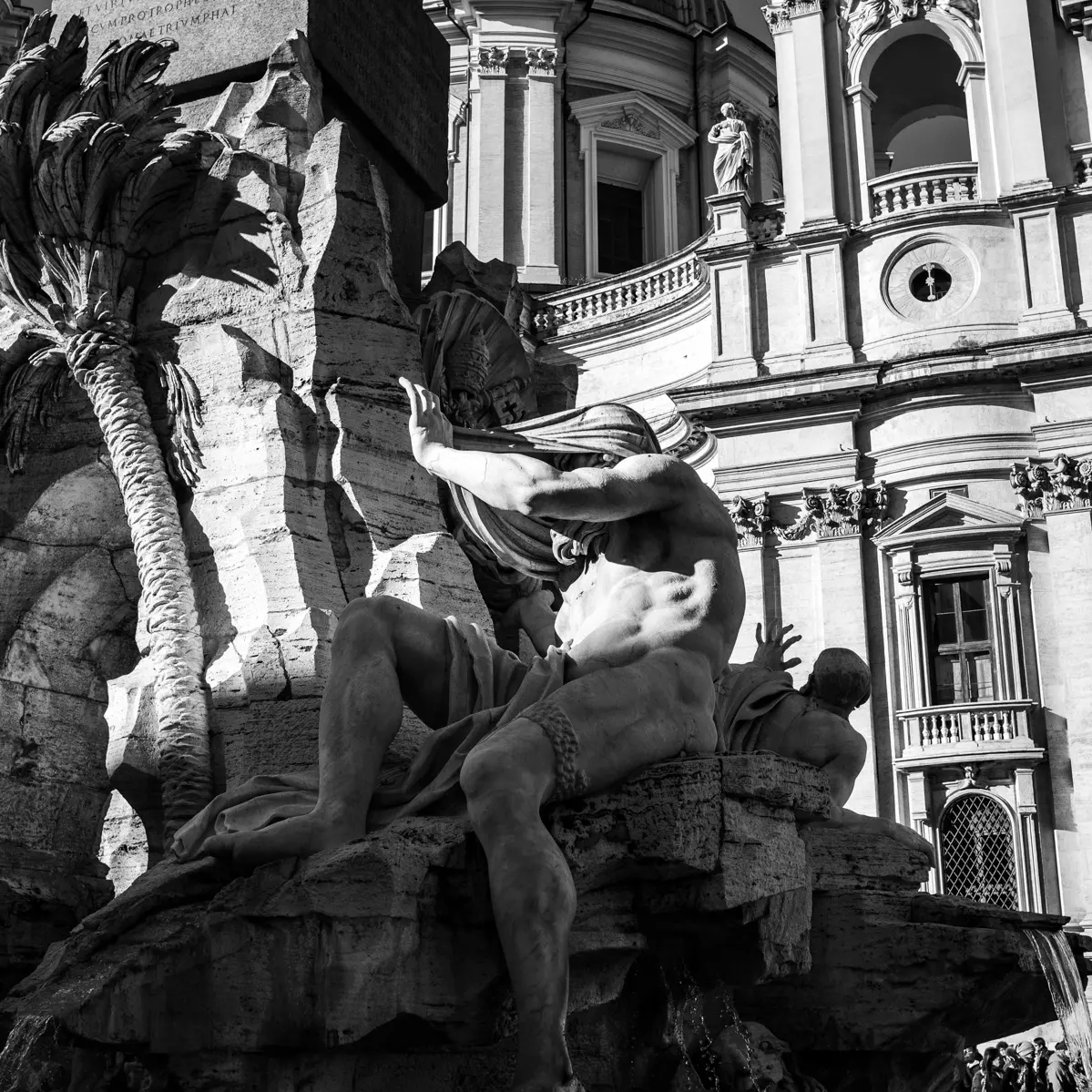 A digital photograph of Bernini's "Four Rivers" fountain in Piazza Navona in Roma, Italia.