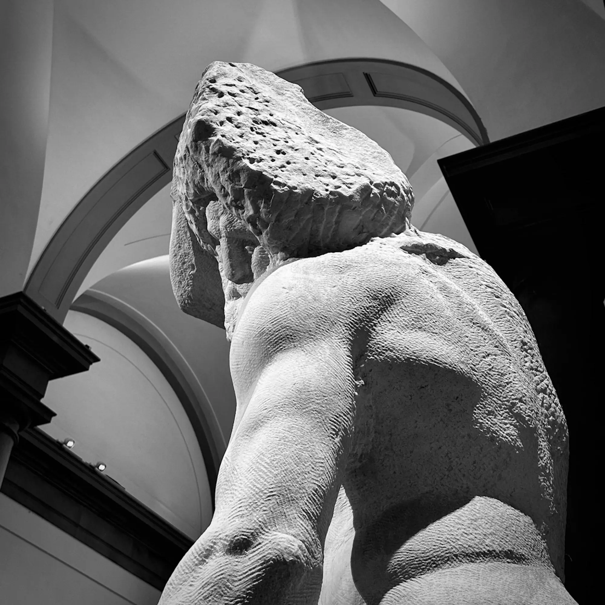 A digital photograph of a detail of one of the "Bound Slave" sculptures by Michelangelo in Firenze, Italia.