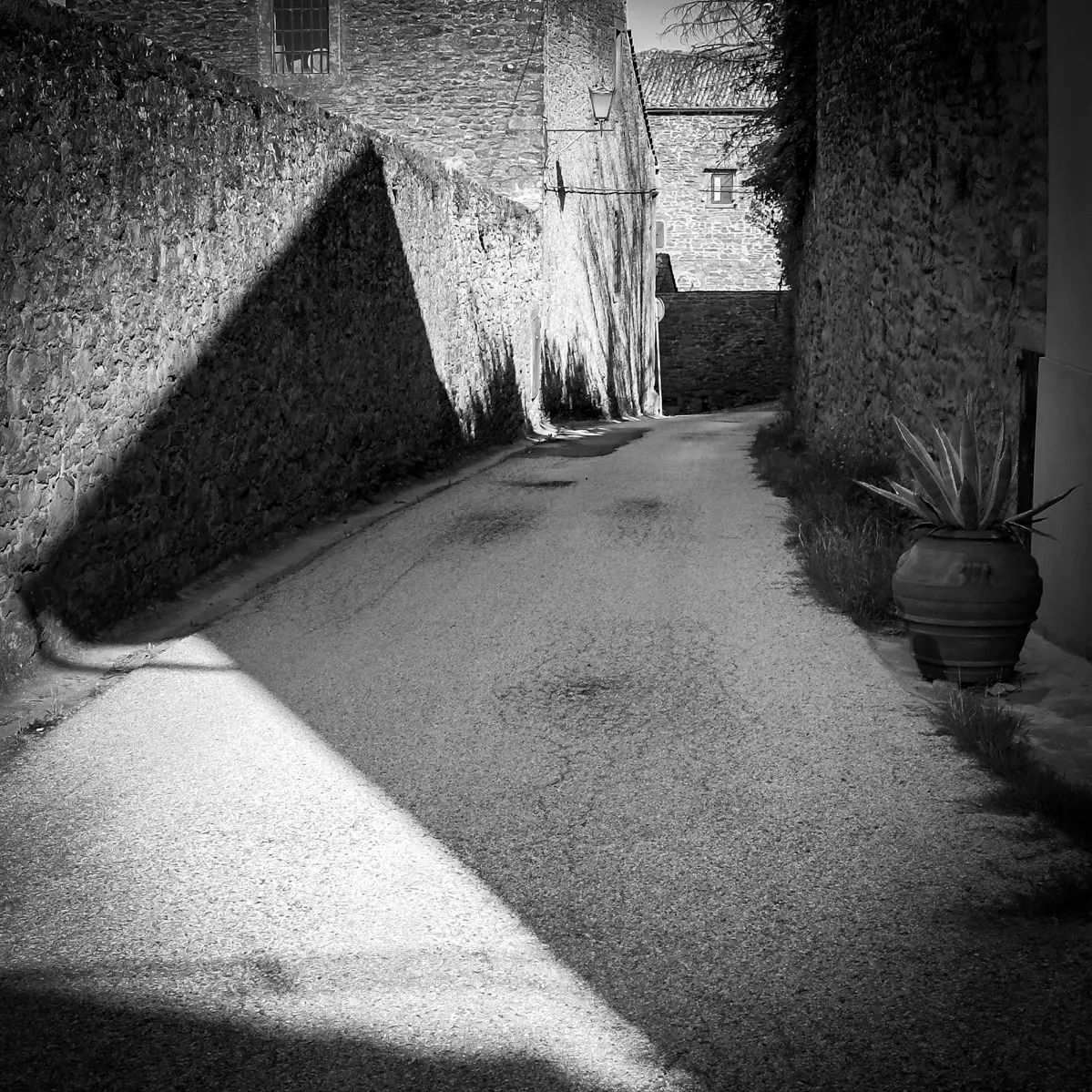 A digital photograph of early morning light on Via delle Santucce in Cortona, Italia.