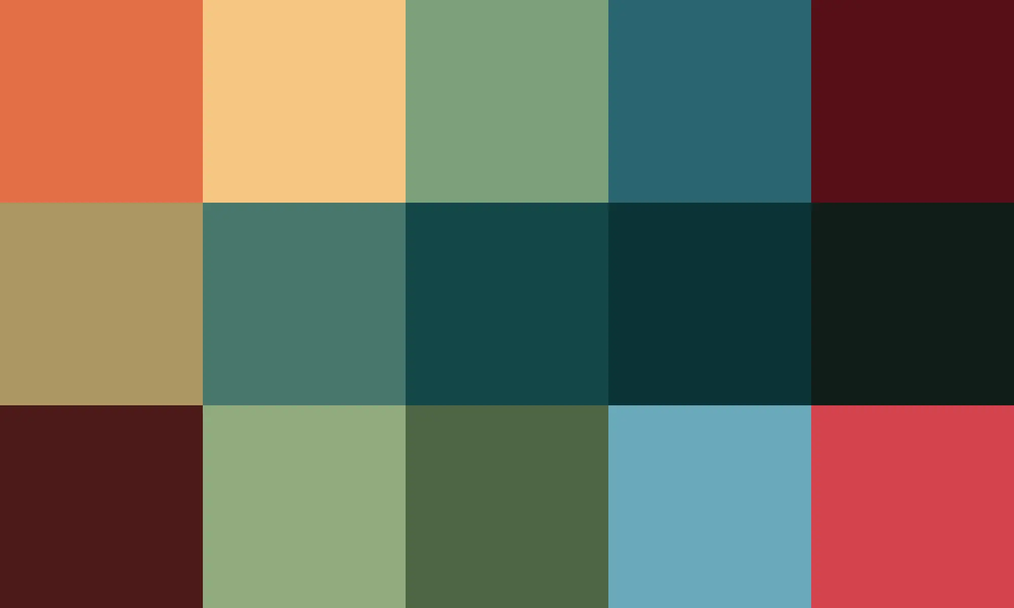 Fifteen color swatches presented in a grid three square tall and five squares wide.