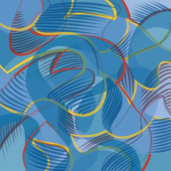 Digital drawing of abstract blue shapes interacting with red, yellow, and violet lines, in memory of Brice Marden.